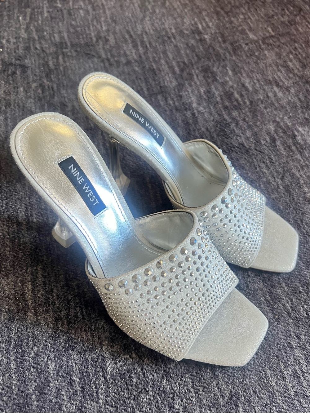 Nine West Silver Crystal-Stud Open-Toe Mules